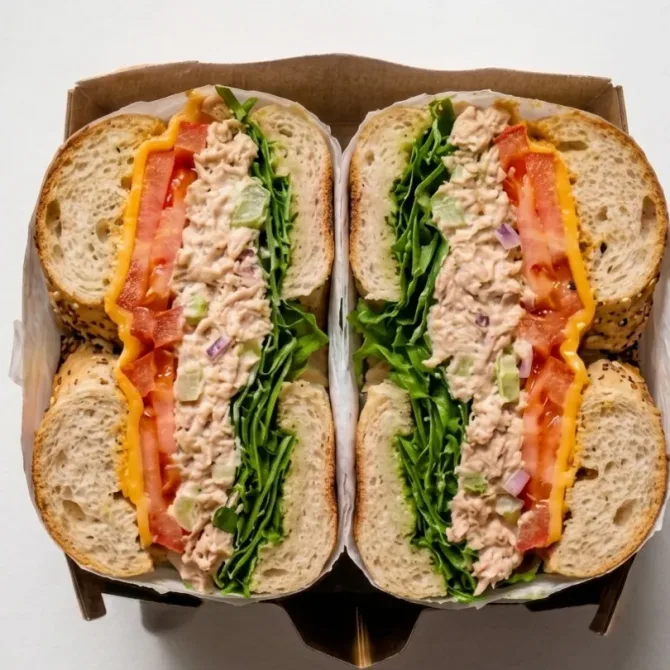 tuna melt bagel with melted cheddar and jalapenos